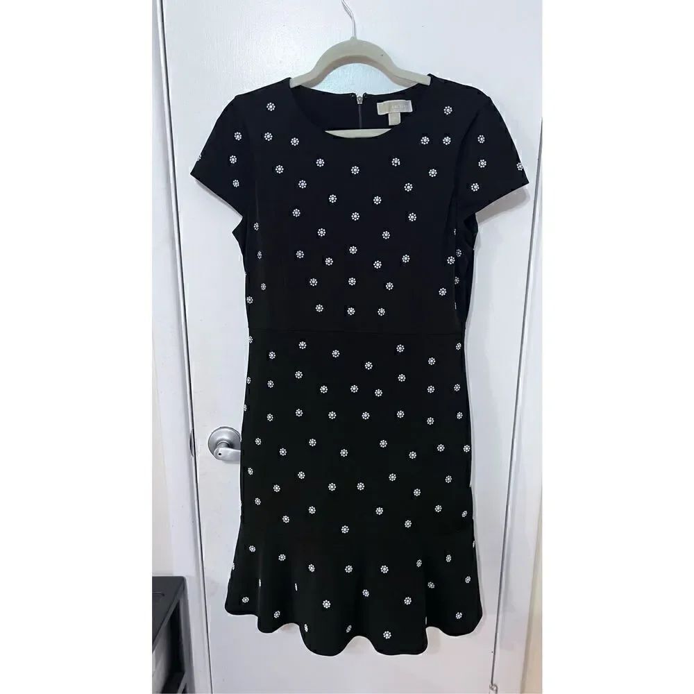 Michael Kors Women's Floral Mini Flounce Cap Sleeve Sheath Dress Black Sz Medium